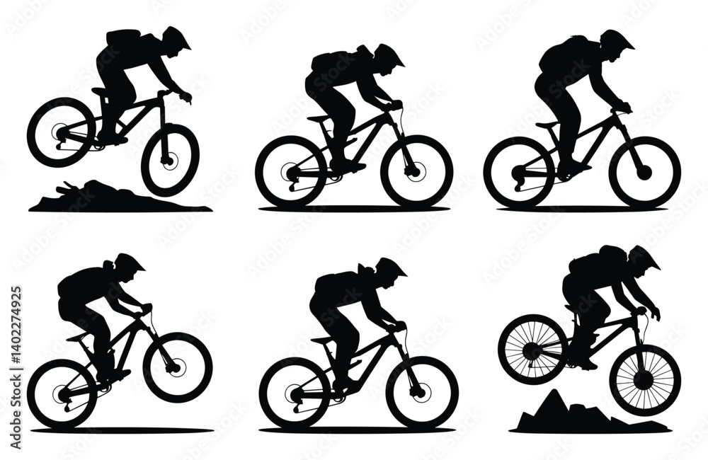 Fototapeta premium Set of mountain bike riders in action silhouettes. vector illustration.