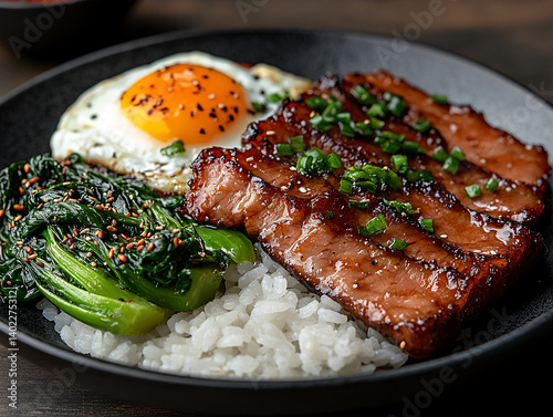 a bowl of food consisting of rice topped with stir-fried pork cubes in a glossy sauce, a fried egg with a runny yolk, green onions, and sesame seeds, and a side of leafy greens. The dish is garnished 