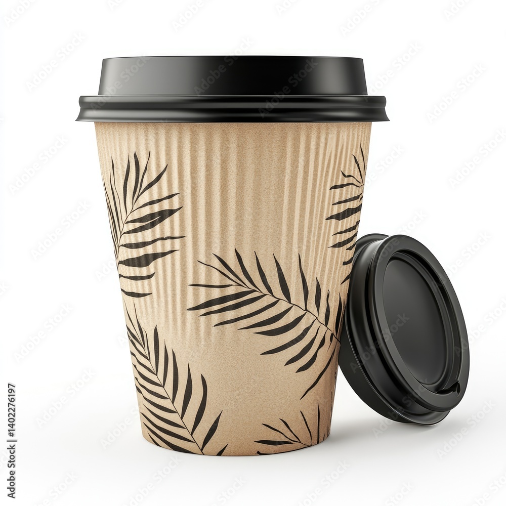 Disposable coffee cup with a black lid and a neutral, patterned design featuring tropical leaves