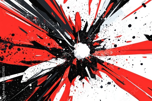 Abstract explosion of red black and white paint splatter design art