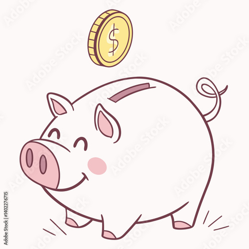 Cute piggy bank icon with golden coin dropping in
