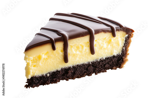 Boston Cream Pie, Slice of Chocolate Drizzled Cheesecake with Brownie Crust
