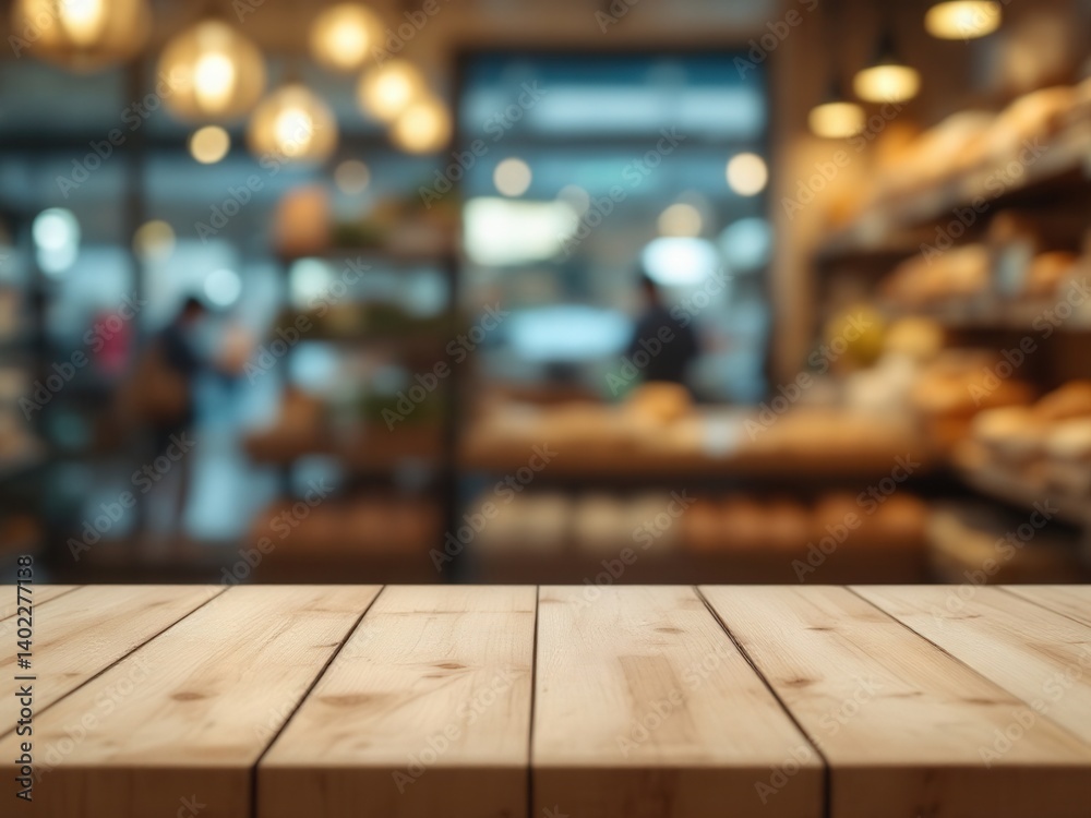 Empty wooden table in artisan bread market - minimalist bakery ambiance with blurred loaf displays and flour-dusted textures Empty wooden table in artisan bread market - minimalist bakery ambiance with blurred loaf displays and flour-dusted textures