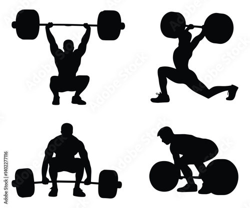 Set of fitness silhouettes of weightlifters performing various exercises. vector illustration.