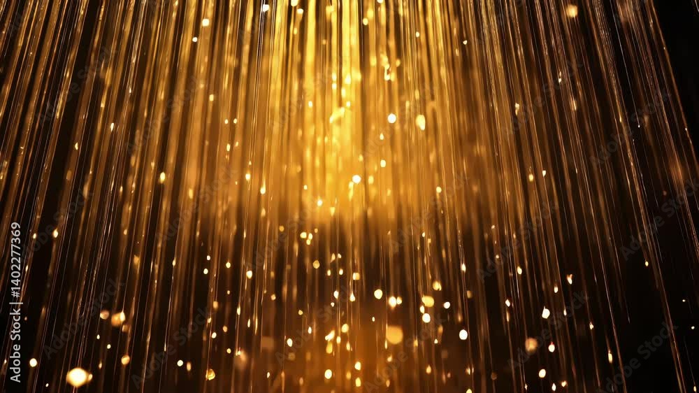 Glowing gold light beams and glitter particles background