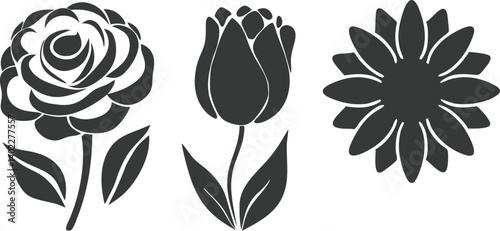 Carefully Crafted Vector Silhouette Set Depicting Elegant Floral Designs, Including Rose, Tulip, and Daisy-like Flower in Black-and-White Style, Perfect for Nature-Inspired Creative Design, Illustrati