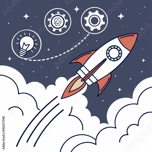 Launching rocket with innovation icons orbiting