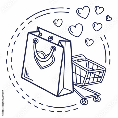 E-commerce wishlist icon with floating hearts and clean lines