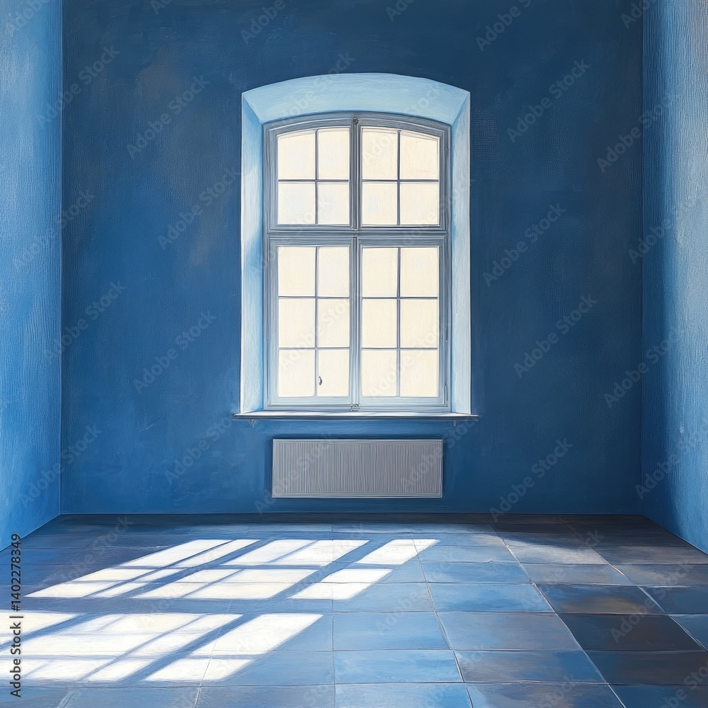 Empty room with a large window, bathed in sunlight