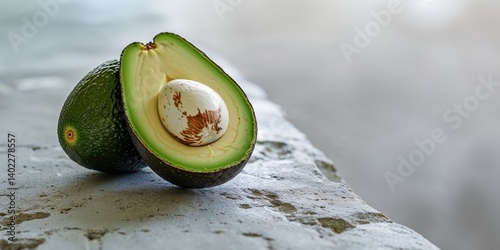 A halved avocado with its large seed resting on a stone surface