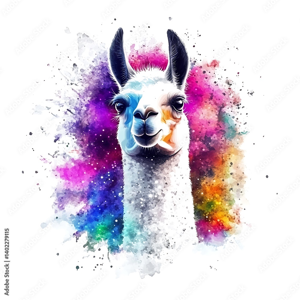 Naklejka premium Vibrant Llama Portrait Against a Colorful Watercolor Splash. A whimsical illustration of a llama's head and neck set against a backdrop of bright, artistic watercolor washes.