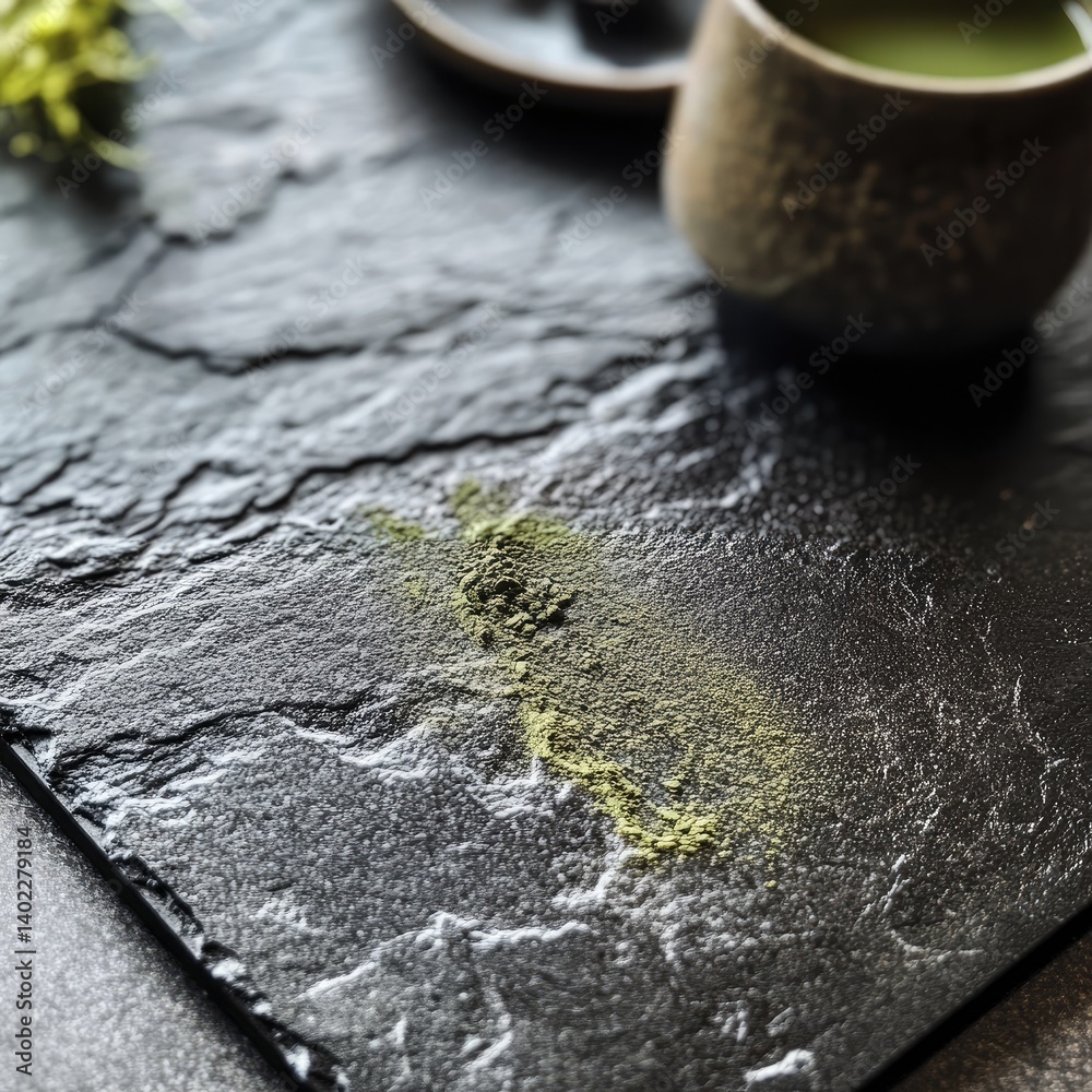 Matcha powder on dark stone tray, beside teacup
