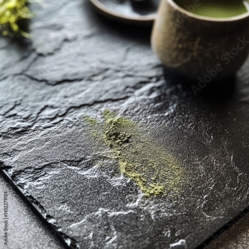 Obraz na płótnie Matcha powder on dark stone tray, beside teacup w salonie