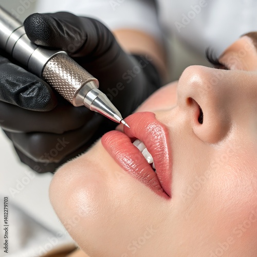 Close-up of Permanent Lip Makeup Procedure with Pigment Application