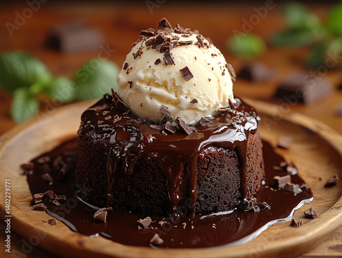 chocolate cake with a scoop of vanilla ice cream on top, drizzled with chocolate sauce and garnished with chocolate pieces. The cake is placed on a black plate with additional chocolate