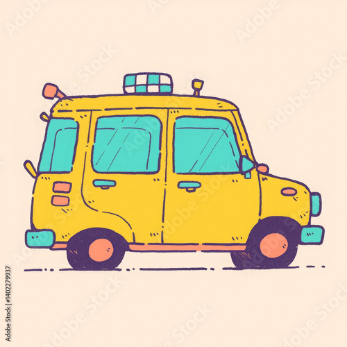 classic yellow taxi with playful design, featuring bright colors and cartoonish details
