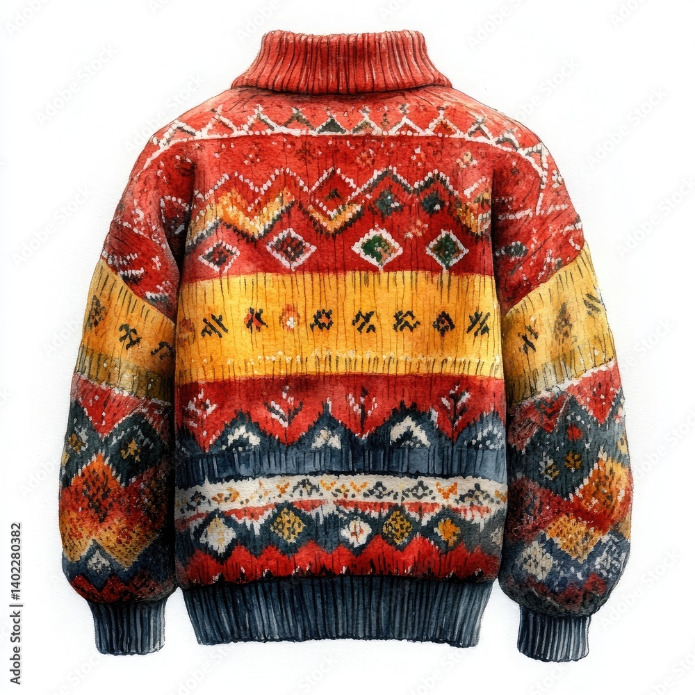 Vibrant, textured, hand-drawn-style winter pullover sweater with intricate patterns. Features bold colors, a turtleneck, and voluminous sleeves
