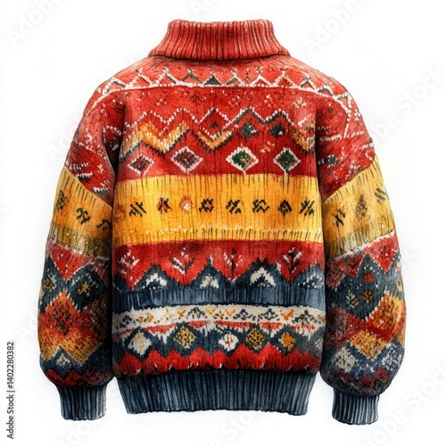 Obraz na płótnie Vibrant, textured, hand-drawn-style winter pullover sweater with intricate patterns. Features bold colors, a turtleneck, and voluminous sleeves w salonie
