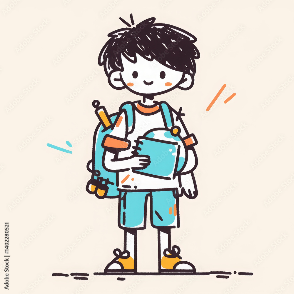 cheerful male student with backpack holds notebook and stationery, ready for school cheerful male student with backpack holds notebook and stationery, ready for school