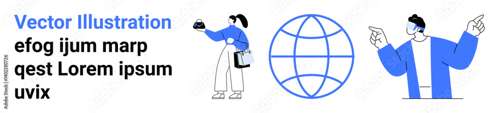 Stylized cartoon figures, man pointing, woman analyzing globe. Ideal for collaboration, innovation, teamwork, international communication, idea generation, global outreach flat landing page banner Stylized cartoon figures, man pointing, woman analyzing globe. Ideal for collaboration, innovation, teamwork, international communication, idea generation, global outreach flat landing page banner