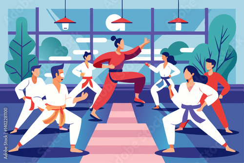 Martial arts class with students
