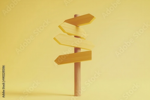 Wooden directional signpost with multiple arrows against a bright yellow background