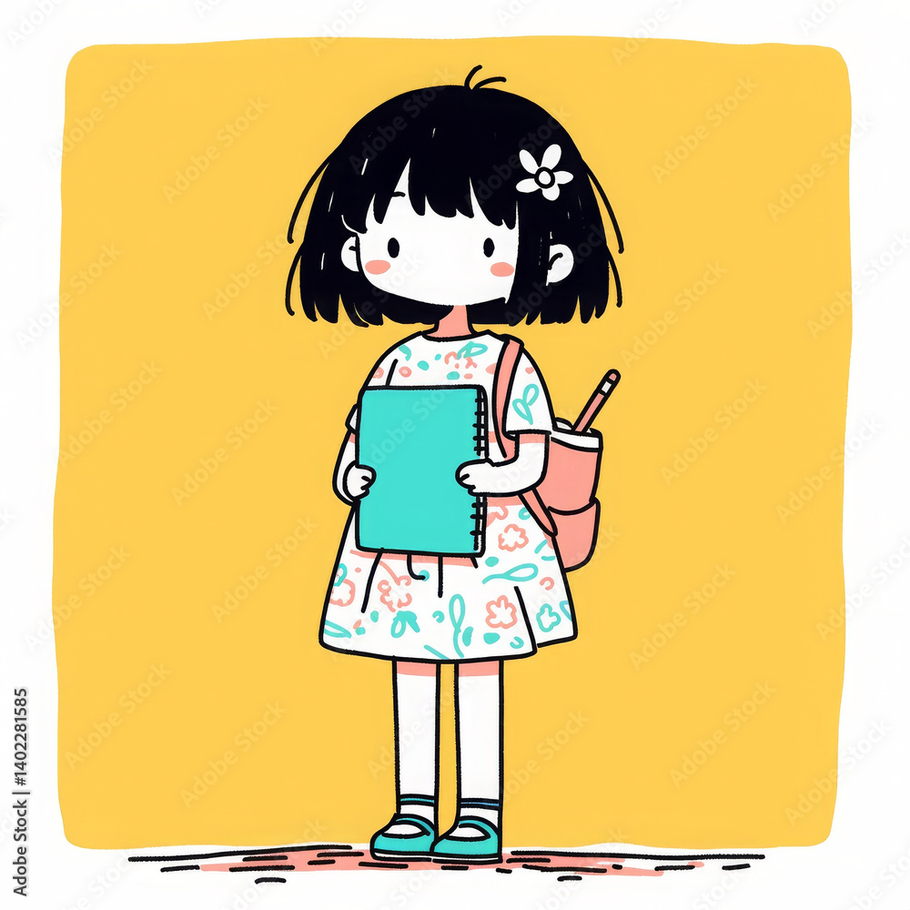 shy female student holding notebook, wearing floral dress, with backpack shy female student holding notebook, wearing floral dress, with backpack