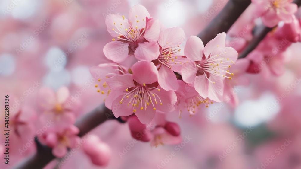 A close-up of pink cherry blossoms against a blue sky. A close-up of pink cherry blossoms against a blue sky.