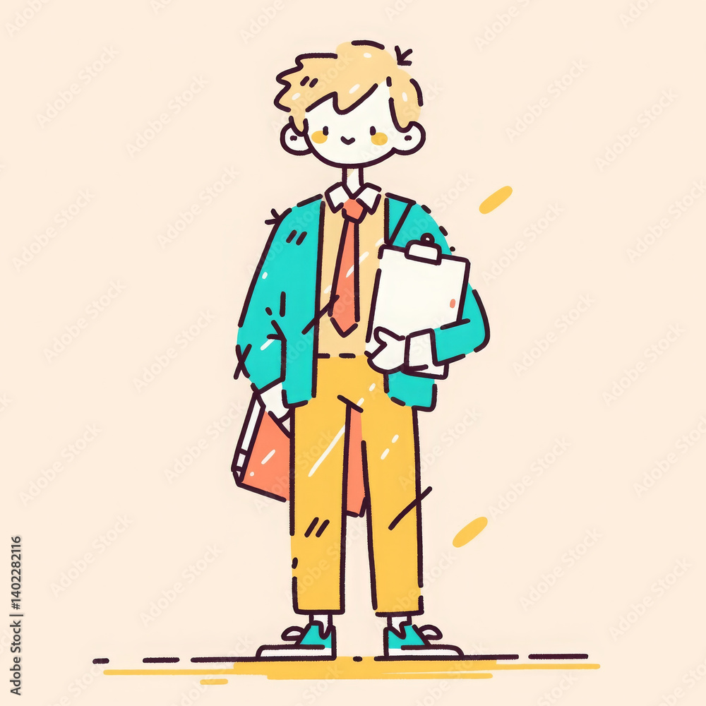 Cartoon full body image of studious male student with clipboard and briefcase, looking confident Cartoon full body image of studious male student with clipboard and briefcase, looking confident
