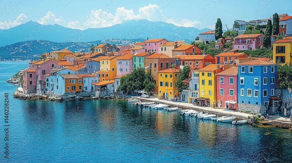 Obraz premium Vibrant Coastal Town in Colorful Houses, Picturesque Seascape with Boats and Mountains