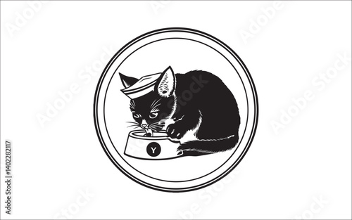 Cute Cat Eating from Bowl Silhouette – Pet Food Vector Illustration