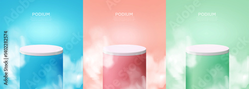 Pink, blue, and green color abstract 3D minimalist podium background design with smoke effect. Horizontal studio background set design vector. Product mockup design with smoke effect background. 