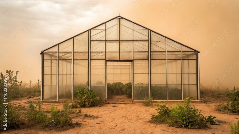 Obraz premium A Greenhouse Overrun by a Dust Storm in Agricultural Landscape