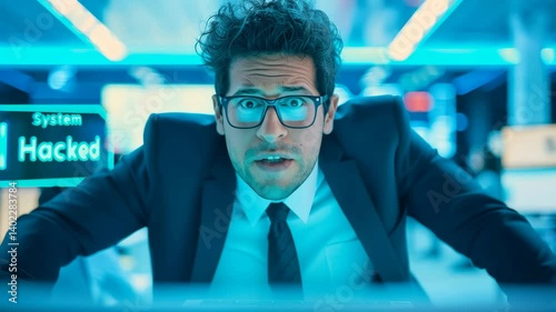 A person looks alarmed at a computer screen displaying the words 