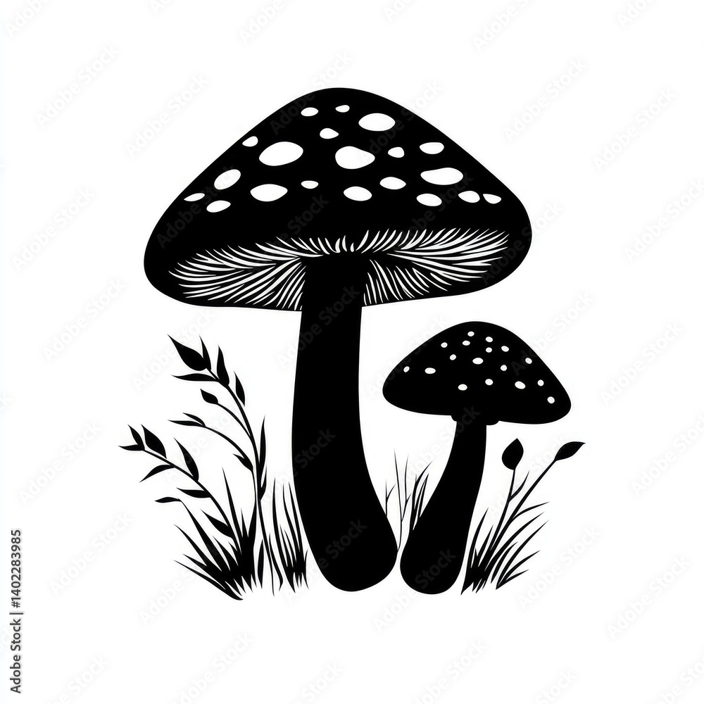 Two mushrooms, one large and one small, with speckled caps and detailed grass below