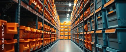 Rows of organized orange and blue storage bins in a large warehouse facility showcasing efficient inventory management