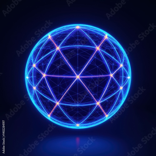 Geometric Sphere with Blue Neon Lines and Glowing Nodes on Dark Background Abstract Digital Art