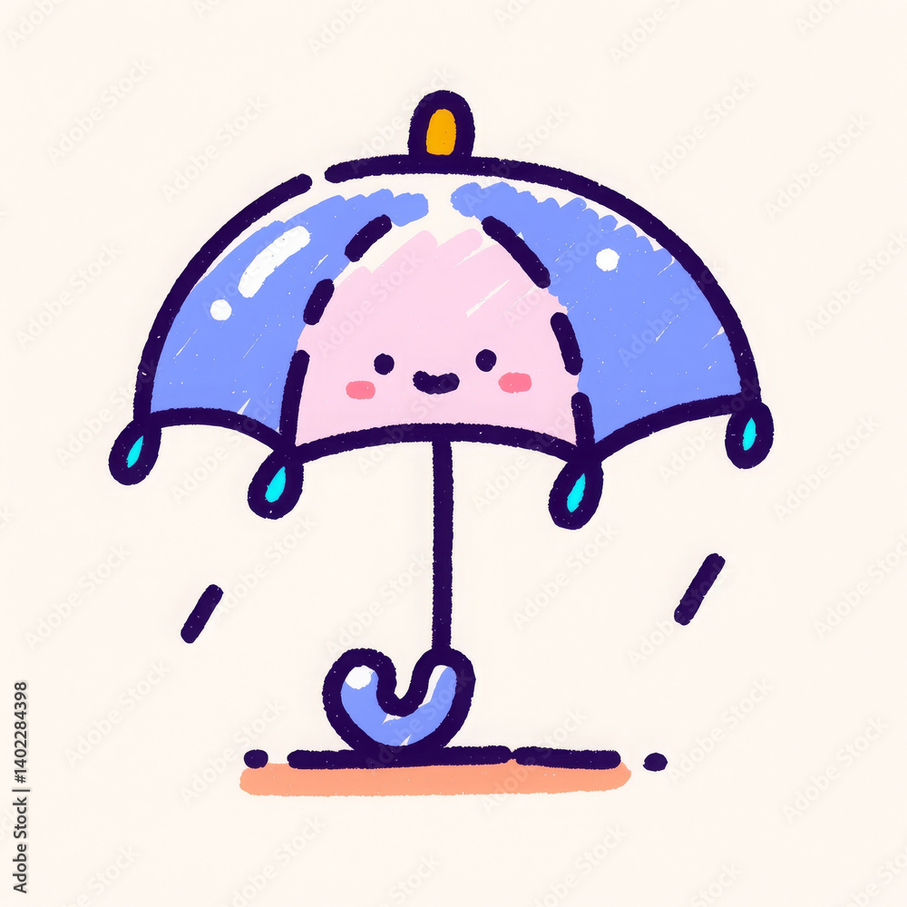 Cute cartoon umbrella with smiling face and raindrops falling down, evoking joy Cute cartoon umbrella with smiling face and raindrops falling down, evoking joy
