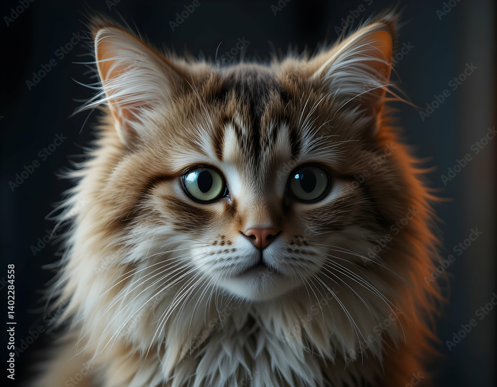 Cat Portrait with Fluffy Fur and Green Eyes Looking at Camera Cat Portrait with Fluffy Fur and Green Eyes Looking at Camera