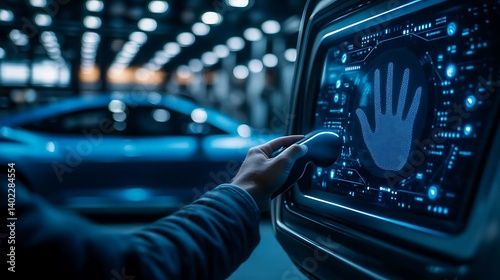 Futuristic handprint recognition technology in a modern automotive showroom with a sleek car background