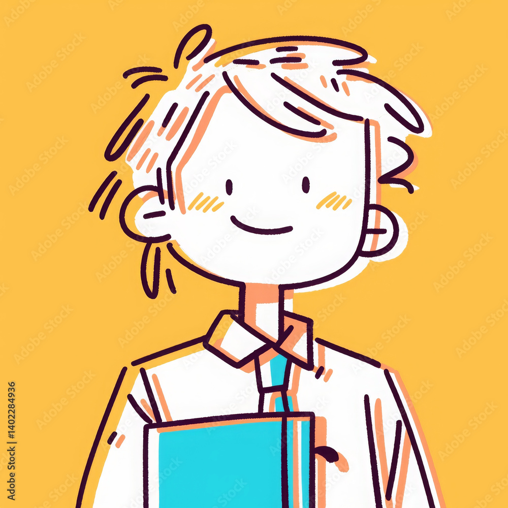 Obraz premium Confident male student with medium hair, smiling and holding book against bright background