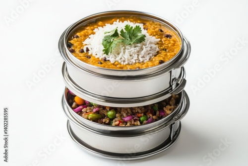Tiffin lunch stack, dal, rice, isolated with white background