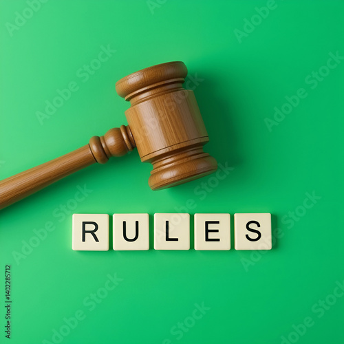 Blocks with the word Rules, a judge's gavel and miniature wooden houses. laws, regulations, and guidelines that govern the buying, selling, leasing, and managing of property.