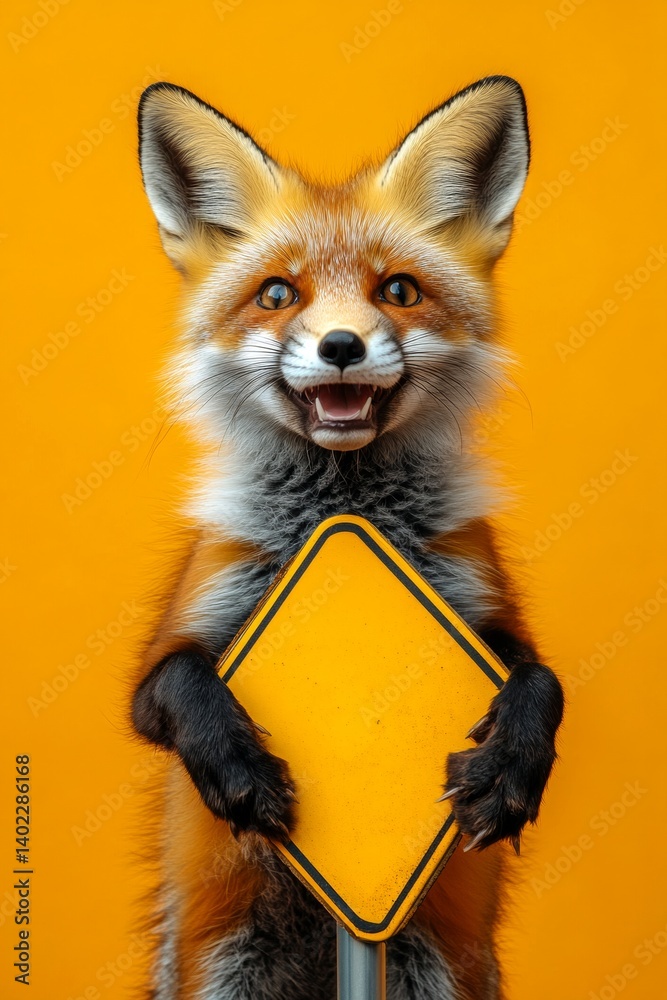 Obraz premium Poster design with beast. Isolated baby animal on a solid uniform bright orange background. Adorable model pose. Cute baby animal fox hold in front paws a layout - large yellow zoo sign.