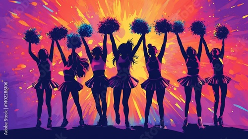 A vibrant display of synchronized cheerleaders with colorful abstract background