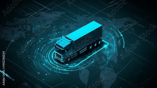 Futuristic truck navigating a digital map with data overlays, showcasing advanced logistics technology