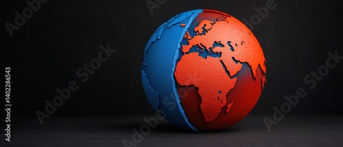 Vibrant Earth Globe Representation in Energetic Blue and Red Colors Showcasing Continents and Ocean Separation