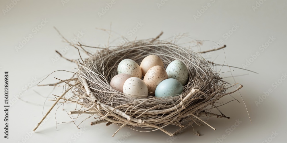 A collection of speckled eggs resting inside a woven nest. A collection of speckled eggs resting inside a woven nest.