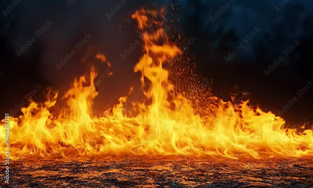 Intensely Burning Flames with Sparks and Smoke Creating a Dramatic Background of Fire Unleashed in the Darkness of Night Intensely Burning Flames with Sparks and Smoke Creating a Dramatic Background of Fire Unleashed in the Darkness of Night