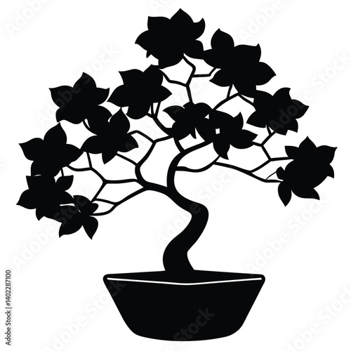 Bougainvillea Bonsai Tree in Pot Vector Silhouette with natural elements and seasonal design